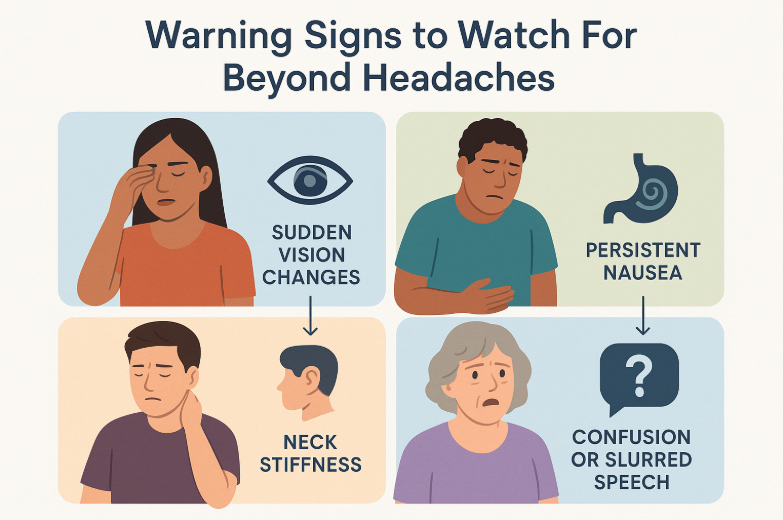 Educational infographic poster showing four warning signs beyond headaches: sudden vision changes, persistent nausea, neck stiffness, and confusion or slurred speech, each illustrated with diverse figures, icons, and clear labels on a pastel sectioned white background under the headline 'Warning Signs to Watch For Beyond Headaches.